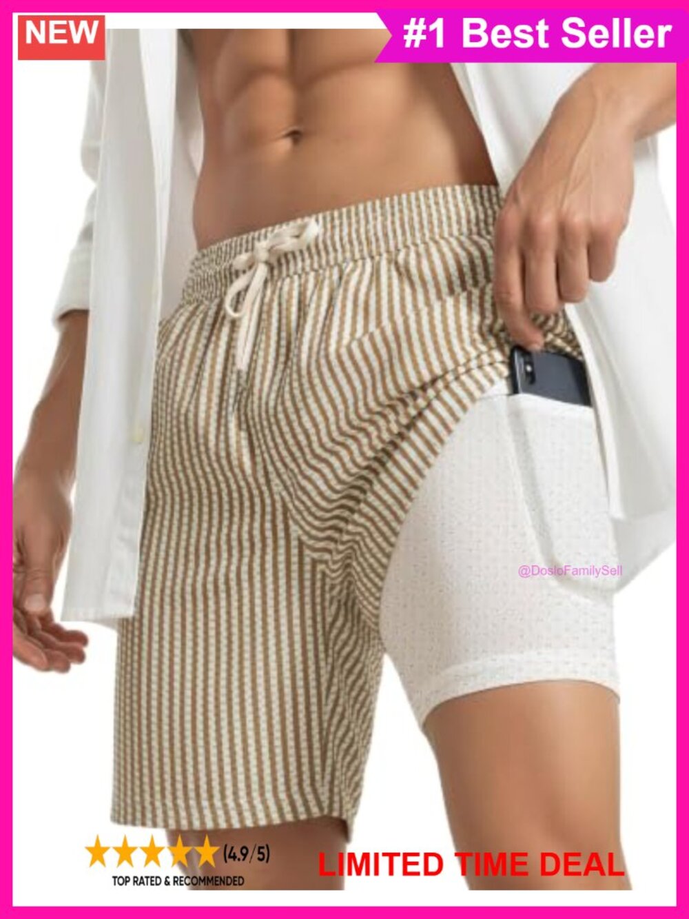 Men's 2-in-1 Seersucker Swim Trunks Compression Liner Quick Dry 7"